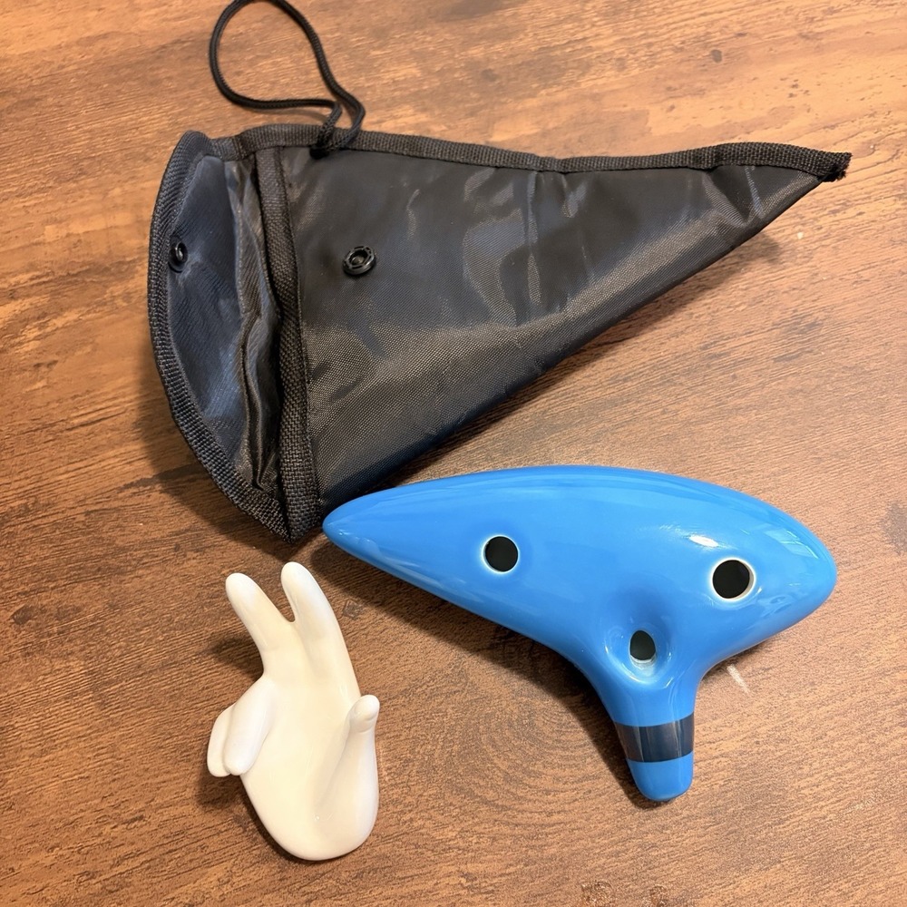 Blue 12 Hole Ocarina Zelda Style Instrument w/ Case & Display Stand Triforce